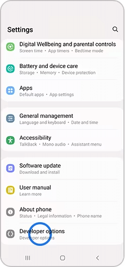 گزینه developer option در گوشی سامسونگ