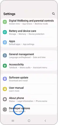 گزینه developer option در گوشی سامسونگ
